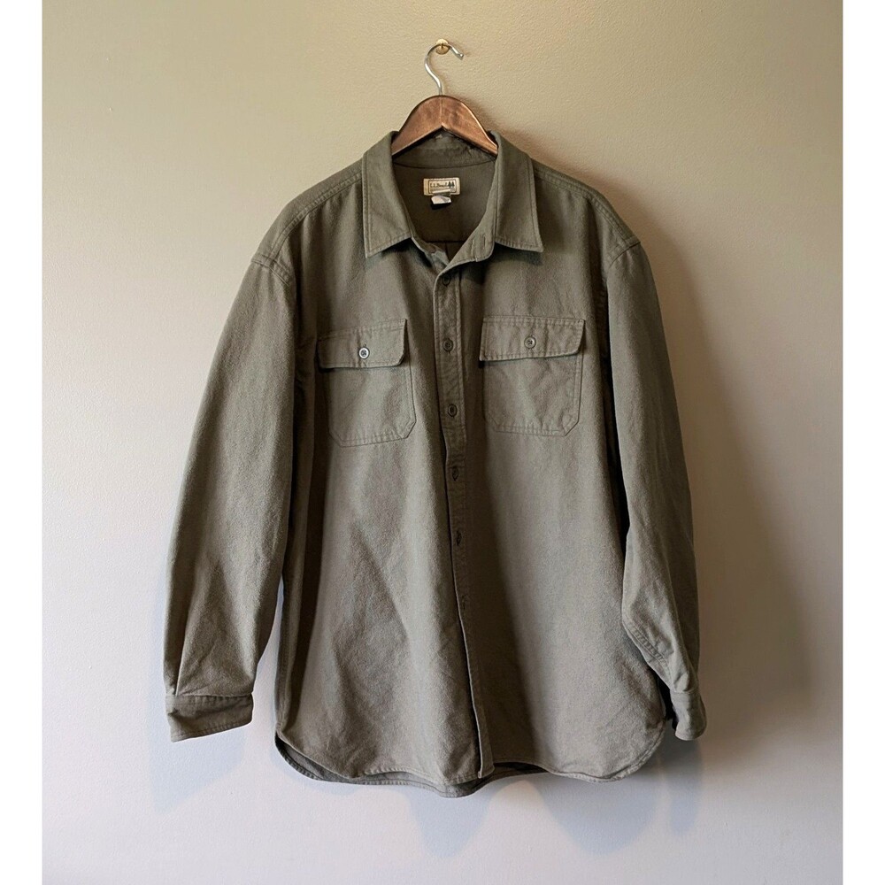 LL Bean Mens XXL Heavyweight Chamois Flannel Shirt Olive Green Long Sleeve Top